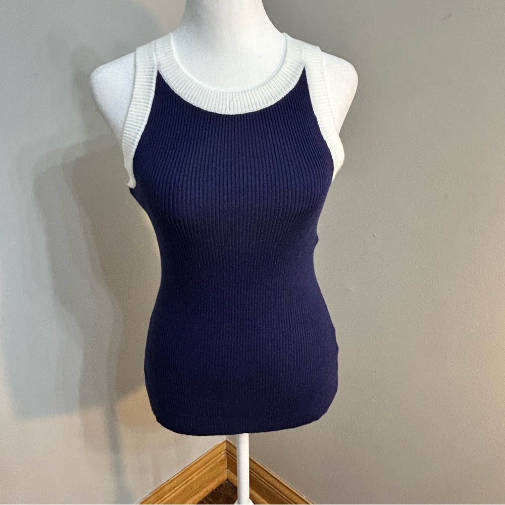Zesica Women's Knit Top Navy White Sleeveless M Tank Blouse Shirt